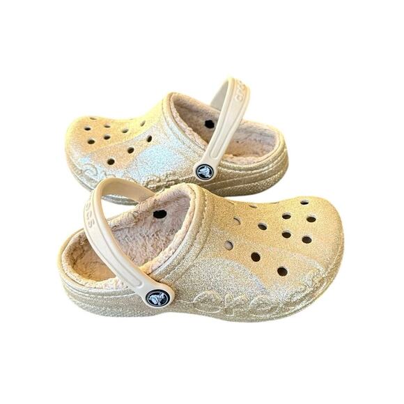 Crocs Kids Baya Lined Fuzzy Glitter Clogs Girls Size 2 Gold - Picture 1 of 13